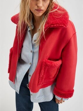FREE PEOPLE Vera Shearling Aviator Jacket Women's Size XS Red/Rouge